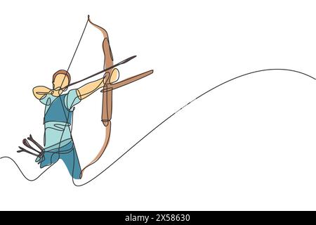 Un dessin simple ligne de jeune homme archer Focus exerçant le tir à l'arc pour frapper l'illustration graphique vectorielle cible. Rafraichissement sain avec Bow Illustration de Vecteur