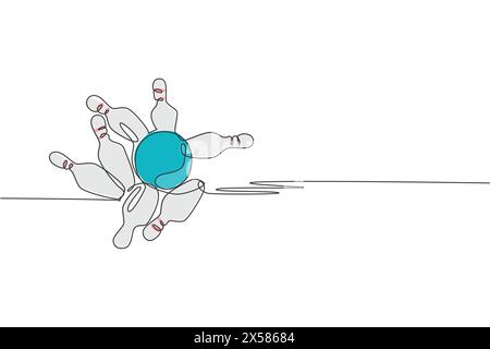 Un dessin d'une seule ligne de boule de bowling lancée sur des quilles de bowling jusqu'à l'effondrement de l'illustration graphique vectorielle. Activité de loisirs et jeu de loisirs Illustration de Vecteur