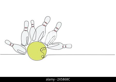 Un dessin d'une seule ligne de quilles de bowling tombant en morceaux frappé par boule de bowling à ruelle illustration vectorielle graphique. Activités de loisirs et sport ludique c Illustration de Vecteur