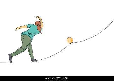 Dessin de ligne continue simple de jeune joueur de bowling heureux homme lancer boule de bowling pour frapper les épingles. Faire du sport passe-temps au concept de temps libre. Tendance Illustration de Vecteur