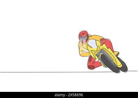 Dessin en ligne continue unique d'un jeune coureur de superbike s'appuyant sur la piste du circuit. Concept de tournoi MotoGP. Design tendance à une ligne dessiné Vect Illustration de Vecteur