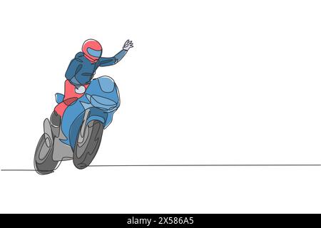 Un dessin au trait continu d'un jeune pilote de moto agite sa main aux spectateurs. Illustration vectorielle graphique de concept de course de super vélo. lin simple dynamique Illustration de Vecteur