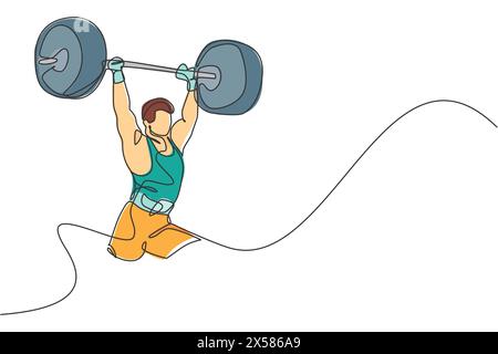 Un seul dessin continu de ligne de jeune homme fort d'haltérophilie se préparant à l'entraînement de barbell dans la salle de gym. Concept de formation au musculation. Une ligne tendance Illustration de Vecteur