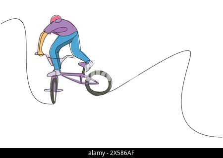 Dessin en ligne continue simple du jeune coureur de cycle BMX montre voler dans le tour de l'air dans skatepark. Concept BMX freestyle. Dessin d'une ligne vecto Illustration de Vecteur