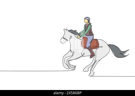 Dessin en ligne continue unique d'un jeune cavalier professionnel courant avec un cheval autour des écuries. Processus d'entraînement au sport équestre concp Illustration de Vecteur