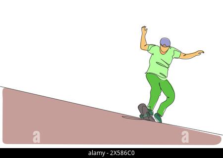 Dessin en ligne continue unique d'un jeune homme de skateboarder cool chevauchant le patin et effectuant un tour de glisse dans le skate Park. Pratique du concept de sport de plein air. Illustration de Vecteur