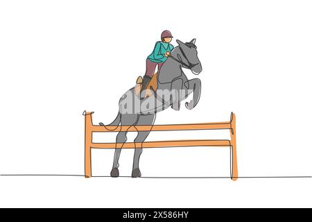 Une seule ligne dessinant jeune homme cavalier de cheval effectuant le dressage sautant l'obstacle test vecteur illustration graphique. Spectacle de sport équestre compétii Illustration de Vecteur