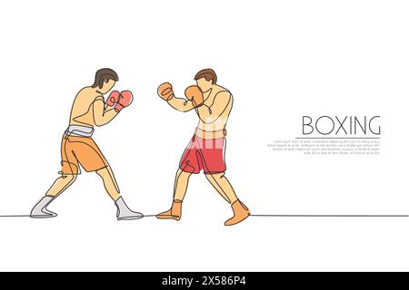 Une seule ligne dessinant deux jeunes hommes énergiques boxer combattant à l'événement vecteur illustration graphique. Concept d'entraînement combatif sportif. Continuo moderne Illustration de Vecteur