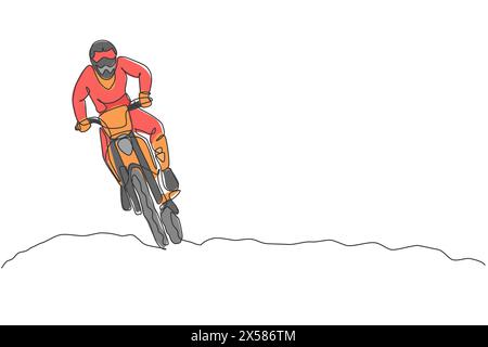 Dessin de ligne continue unique de jeune motocross conduire le vélo si vite sur la piste. Illustration vectorielle de concept de course de sport extrême. Trendy One lin Illustration de Vecteur