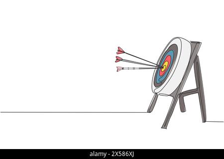 Une ligne continue dessinée de flèches a été tirée Bullseye vers la cible de tir à l'arc, vue de côté. Concept d'entraînement et d'exercice pour le sport de tir à l'arc. Li. Simple dynamique Illustration de Vecteur