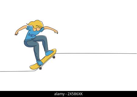 Un dessin en ligne continue de jeune femme skateboarder cool chevauchant skateboard faisant un tour dans skatepark. Concept de sport adolescent extrême. Sin dynamique Illustration de Vecteur