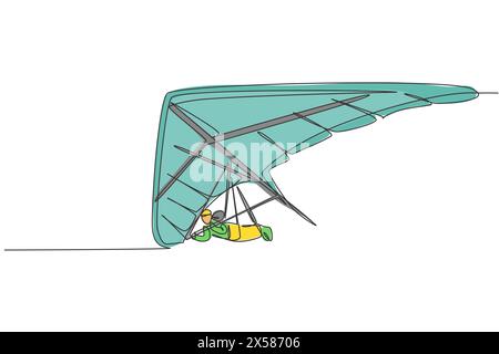 Un dessin simple ligne de jeune homme sportif volant avec parachute planant suspendu sur l'illustration vectorielle graphique du ciel. Concept de sport extrême. Moderne c Illustration de Vecteur