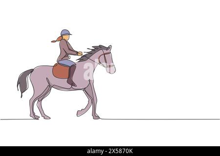 Dessin en ligne continue unique d'un jeune cavalier professionnel marchant avec un cheval autour des écuries. Processus d'entraînement au sport équestre concp Illustration de Vecteur