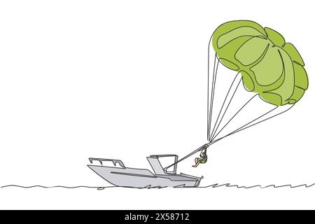 Ligne continue unique dessinant jeune touriste volant avec parachute ascensionnel sur le ciel tiré par un bateau. Concept de sport de vacances extrêmes Illustration de Vecteur