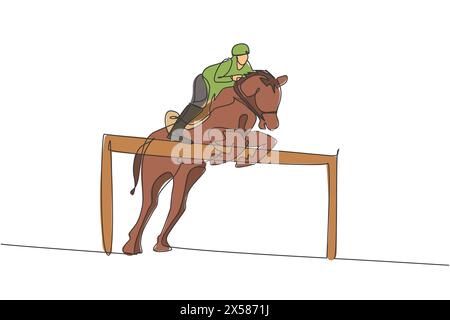 Un dessin simple ligne de jeune homme cavalier de cheval effectuant le dressage sautant le graphique d'illustration vectorielle de test de barrière. Spectacle de sport équestre COMPE Illustration de Vecteur