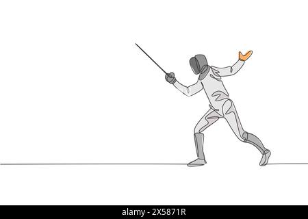 Une ligne continue dessinant une jeune femme athlète d'escrime combattant. Costume d'escrime et tenant l'épée Illustration de Vecteur