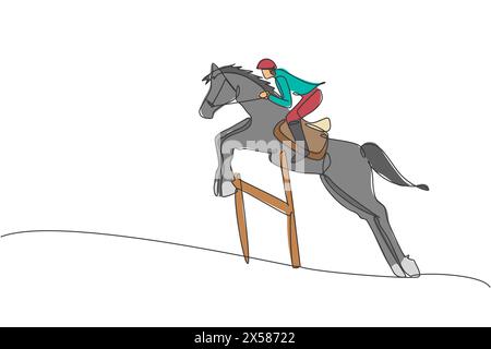 Dessin en ligne continue unique d'un jeune cavalier professionnel sautant avec un cheval au-dessus de la haie. Concept de processus d'entraînement au sport équestre. Illustration de Vecteur