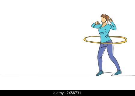 Dessin de ligne continue simple de jeune femme sportive formation heureuse avec hula hoop dans le centre de club de gymnase sportif. Concept d'étirement de fitness. Tendance Illustration de Vecteur