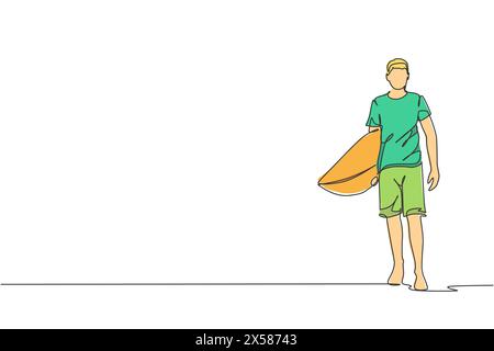 Dessin en ligne continue simple de jeune surfeur professionnel marchant et portant une planche de surf à la plage de sable. Concept de sports nautiques extrêmes. Vacances d'été Illustration de Vecteur