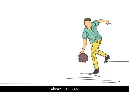 Un dessin sur une seule ligne de jeune joueur de bowling talentueux homme lancer une balle pour frapper des quilles de bowling illustration vectorielle graphique. Mode de vie des personnes en bonne santé et Illustration de Vecteur