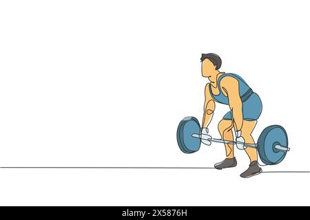 Un seul dessin continu de ligne de jeune homme fort d'haltérophilie se préparant à l'entraînement de barbell dans la salle de gym. Concept de formation au musculation. Une ligne tendance Illustration de Vecteur