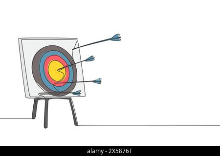 Un dessin en ligne continue de flèches a été tiré sur un plateau de cible de tir à l'arc. Concept d'entraînement et d'exercice pour le sport de tir à l'arc. Dessin à ligne unique dynamique de Illustration de Vecteur