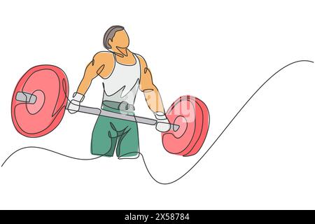 Un seul dessin continu de ligne de jeune homme fort d'haltérophilie se préparant à l'entraînement de barbell dans la salle de gym. Concept de formation au musculation. Une ligne tendance Illustration de Vecteur