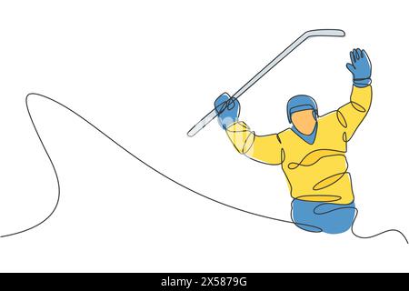 Un dessin sur une seule ligne de jeune joueur de hockey sur glace célébrer un but lors d'un match compétitif sur un graphique d'illustration vectorielle de stade de patinoire. Tournois sportifs Illustration de Vecteur