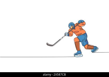 Un dessin à une ligne de jeune joueur de hockey sur glace en action pour jouer un jeu compétitif sur l'illustration graphique vectorielle du stade de patinoire. Tournois sportifs Illustration de Vecteur