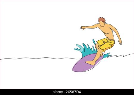 Ligne continue unique dessinant jeune surfeur professionnel en action chevauchant les vagues sur l'océan bleu. Concept de sports nautiques extrêmes. Vacances d'été. Tendance Illustration de Vecteur