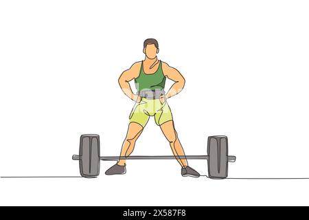 Un dessin en ligne continue de jeune homme bodybuilder faisant de l'exercice avec une barre de poids lourd dans le gymnase. Concept d'haltérophilie du train de relevage. Dynamique s Illustration de Vecteur