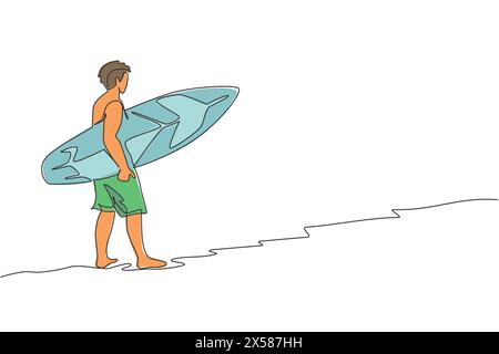 Un dessin en ligne continue de jeune surfeur touristique heureux marchant sur la plage de sable et transportant une planche de surf. Concept de sports nautiques extrêmes. Vacances d'été. D Illustration de Vecteur