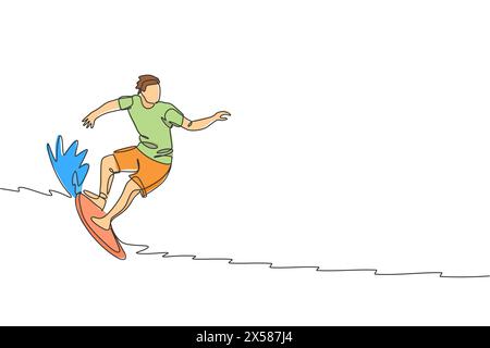 Un dessin simple ligne de jeune homme surfer sportif chevauchant sur de grandes vagues dans le graphique d'illustration vectorielle de surf de plage paradisiaque. Sports nautiques extrêmes conc Illustration de Vecteur