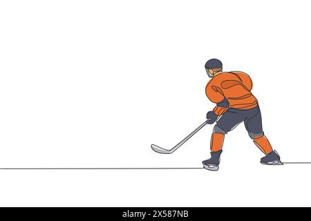 Un dessin à une ligne de jeune joueur de hockey sur glace en action pour jouer un jeu compétitif sur l'illustration vectorielle graphique du stade de patinoire. Tournois sportifs Illustration de Vecteur