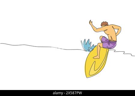 Un dessin simple ligne de jeune homme surfeur sportif chevauchant sur le baril de grandes vagues dans l'illustration vectorielle de paradis de plage de surf. Des sports nautiques extrêmes Illustration de Vecteur