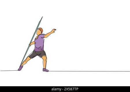 Un dessin simple ligne de jeune homme énergique exercice lancer javelot avec tous les graphiques d'illustration vectorielle de puissance. Mode de vie sain sport athlétique Illustration de Vecteur