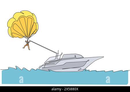 Dessin en ligne continue unique de jeune touriste volant avec parachute ascensionnel sur le ciel tiré par un bateau. Concept de sport de vacances extrêmes. Illustration de Vecteur