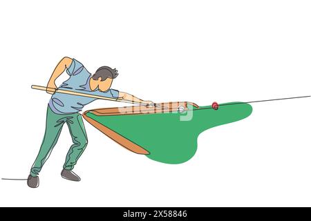 Dessin d'une seule ligne continue d'un jeune athlète professionnel de haut niveau jouant au billard dans la salle de billard du bar. Concept de jeu sportif intérieur. T Illustration de Vecteur