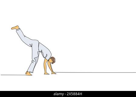 Un dessin en ligne continue d'un jeune combattant brésilien sportif entraînant la capoeira sur la plage. Concept de sport de combat traditionnel sain. Dynamique Illustration de Vecteur