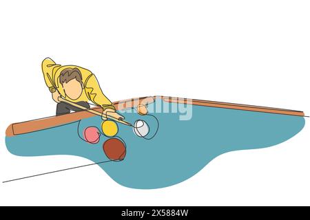 Un dessin en ligne continue de jeune homme beau se concentrer avant de frapper les boules de billard de piscine avec bâton. Concept de jeu de sport intérieur de tournoi. Dy Illustration de Vecteur