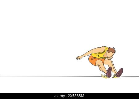 Un dessin en ligne continue de jeune homme sportif pratiquant à atterrir sur la piscine de sable après le saut en longueur. Concept de sport athlétique sain. Championnat. D Illustration de Vecteur