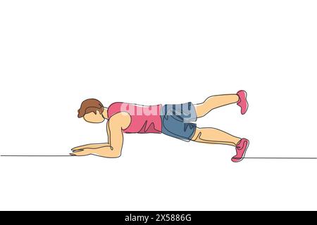 Un dessin simple ligne de jeune homme énergique travaillant sur faire la planche de coude dans l'illustration vectorielle de centre de gymnastique. Fitness sport bodybuilding sain Lif Illustration de Vecteur