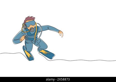 Dessin en ligne continue d'un jeune homme sportif posant sur l'océan marin pendant la plongée sous-marine pour voir les récifs coralliens et la vie marine. Concept de sport sous-marin. T Illustration de Vecteur