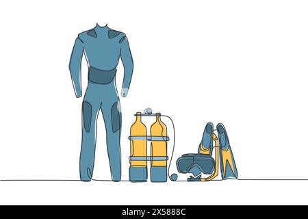 Dessin de ligne continue simple de combinaison, maillot de bain, régulateur, oxygène, masque, tuba, lunettes et palmes. Outils d'équipement de plongée sous-marine pour sports sous-marins Illustration de Vecteur