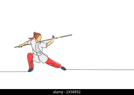 Dessin en ligne continue simple de jeune femme wushu combattant, maître de kung fu dans un train uniforme avec un long personnel au centre de dojo. Concept de concours de combat. Illustration de Vecteur