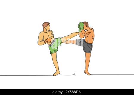 Un dessin en ligne continue de jeune athlète de kickboxer homme sportif se battre sérieusement à la compétition nationale. Concept sportif de kickboxing combatif. DYN Illustration de Vecteur