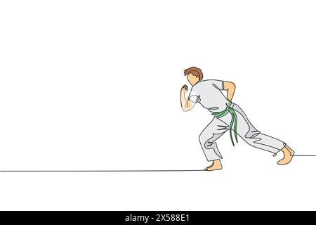 Un dessin en ligne continue d'un jeune combattant brésilien sportif entraînant la capoeira sur la plage. Concept de sport de combat traditionnel sain. Dynamique Illustration de Vecteur