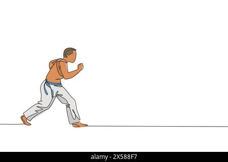 Un dessin en ligne continue d'un jeune combattant brésilien sportif entraînant la capoeira sur la plage. Concept de sport de combat traditionnel sain. Dynamique Illustration de Vecteur