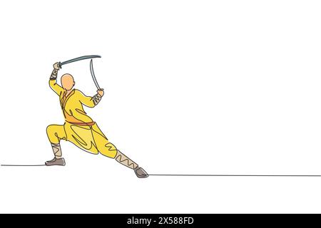 Un dessin en ligne continue de jeune homme moine shaolin pratique le kung fu avec des épées au sol du temple. Concept traditionnel chinois de sport combatif. DYN Illustration de Vecteur