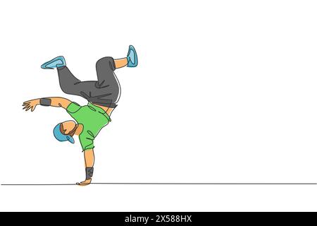 Un dessin en ligne continue de jeune homme danseur de break sportif avec chemise décontractée montre le style de danse hiphop dans la rue. Concept de sport urbain. D Illustration de Vecteur